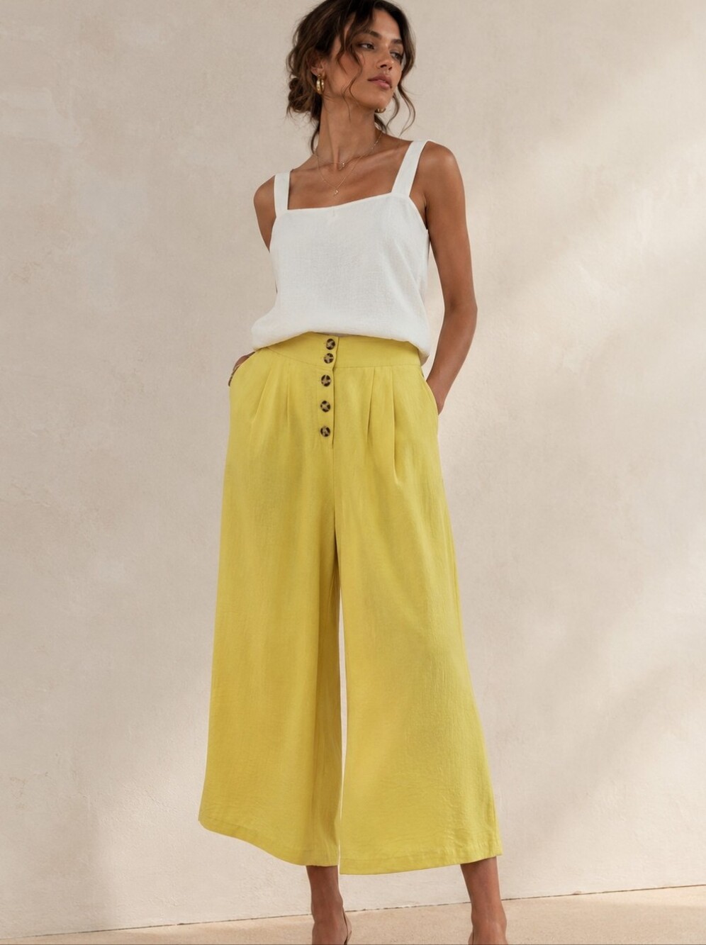 SEED HERITAGE Australia Textured Wide Leg Button Front Culotte Macaroon Yellow